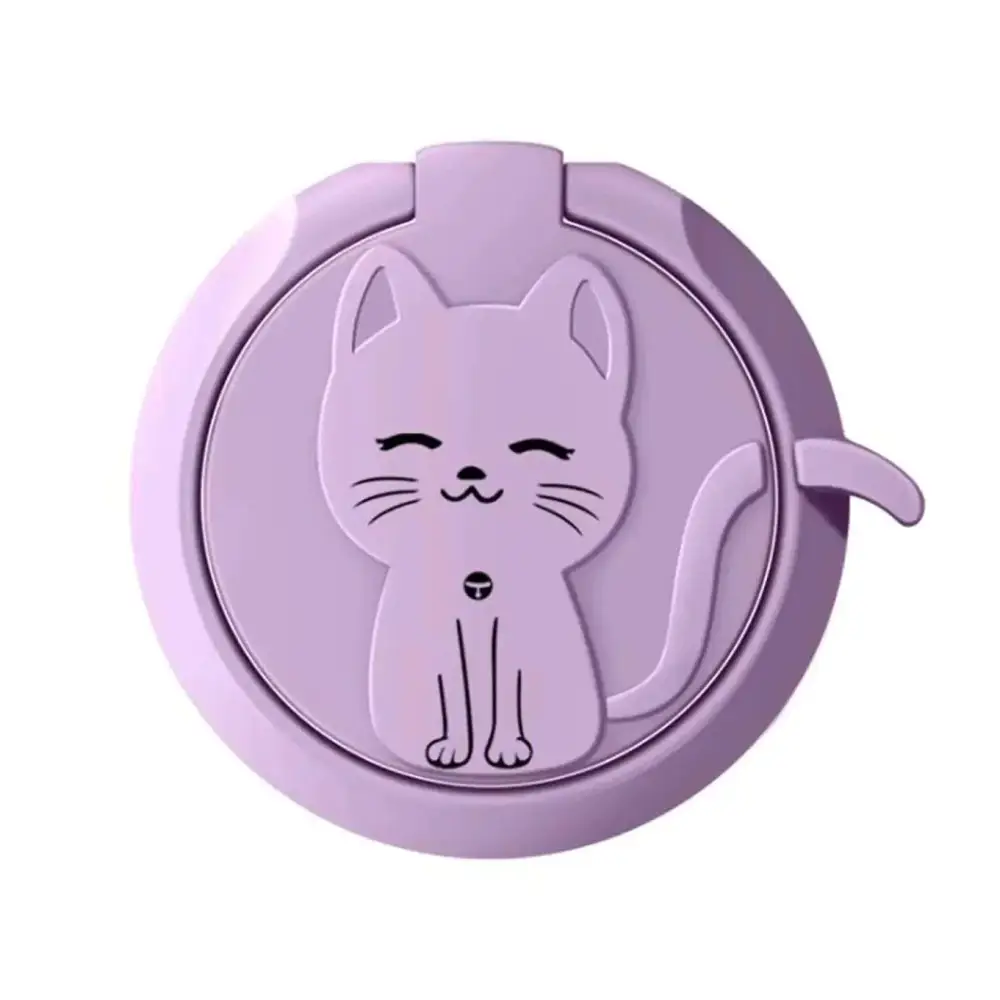 Lavender circular phone ring stand with cute cat cartoon liquid feel design featuring closed eyes and whiskers