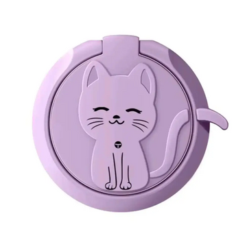 Lavender circular phone ring stand with cute cat cartoon liquid feel design featuring closed eyes and whiskers
