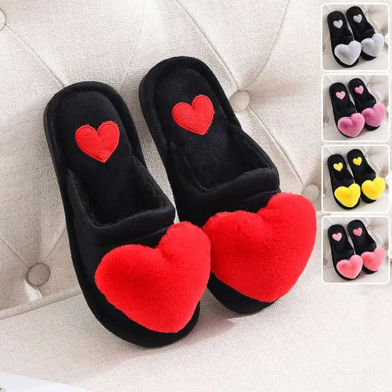 Black plush home cute love slipper with large red fuzzy heart and smaller embroidered heart for winter warm plush use