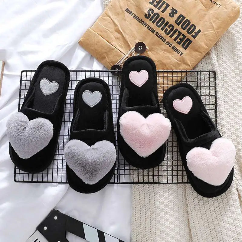 Black plush home cute love slippers with winter warm plush heart decorations in gray silver and pink colors