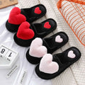 Black plush home slippers with fluffy red and pink heart decorations winter warm plush cute love slipper design