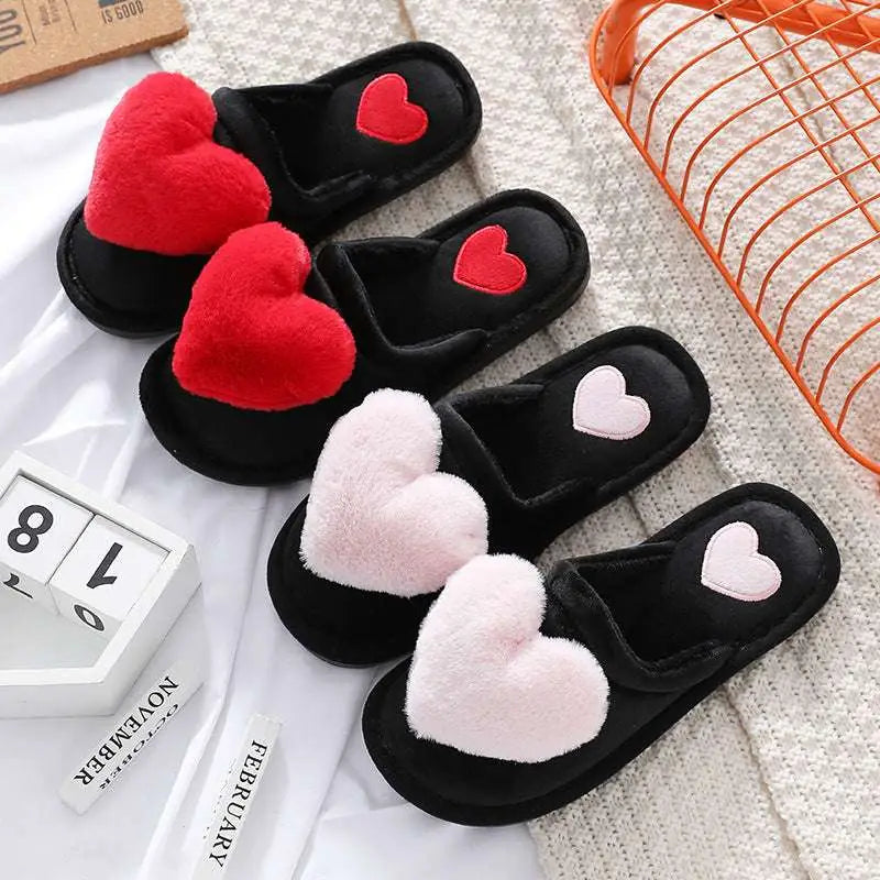 Black plush home slippers with fluffy red and pink heart decorations winter warm plush cute love slipper design