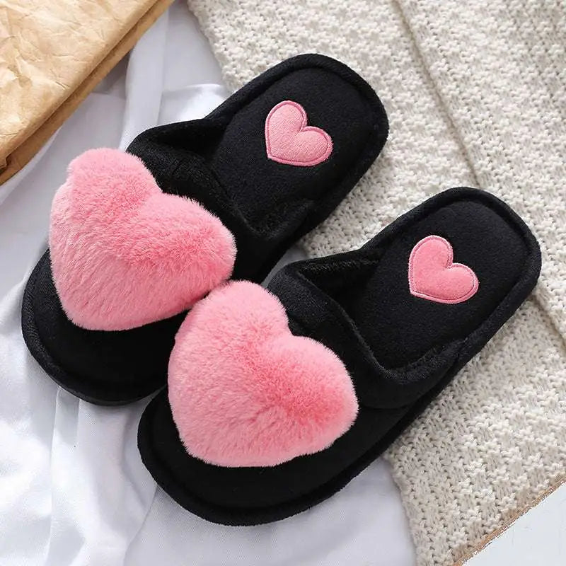 Black plush home cute love slipper with winter warm plush fuzzy material and pink heart decorations for indoor use