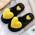 Black plush home slippers with bright yellow heart-shaped plush decorations winter warm plush cute love slipper