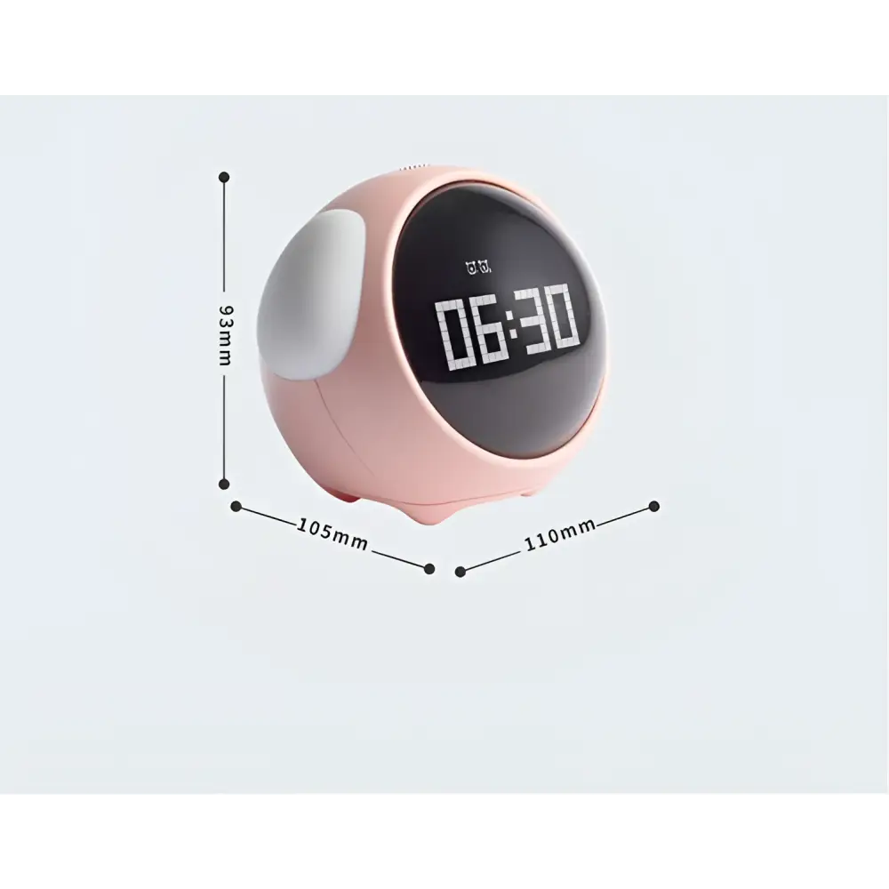 Pink rounded digital electronic cute alarm clock with black display showing 06:30 from cute pixel expression series