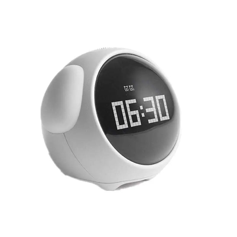 White rounded cute pixel expression digital electronic alarm clock with black display showing time 06:30