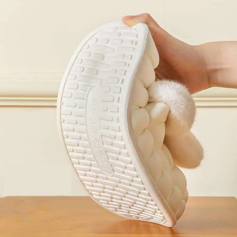 White cute rabbit shoes winter fuzzy slippers with soft fluffy interior and textured rubber sole for indoor comfort