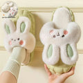 Cute rabbit shoes soft white fluffy winter fuzzy slippers with mint green inner ears and detachable plush design