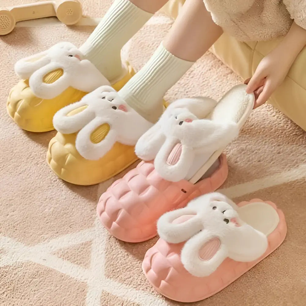 Cute rabbit shoes soft white fluffy winter fuzzy slippers with mint green inner ears and detachable plush design