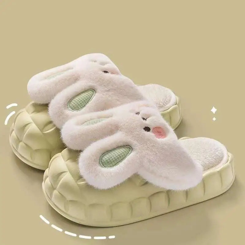 Soft white plush cute rabbit shoes with mint green ears pink cheeks and quilted cream sole for winter fuzzy slippers