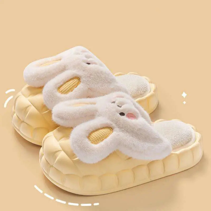 Soft white plush cute rabbit shoes winter fuzzy slippers with yellow embroidered ears and pink cheeks on pale yellow sole