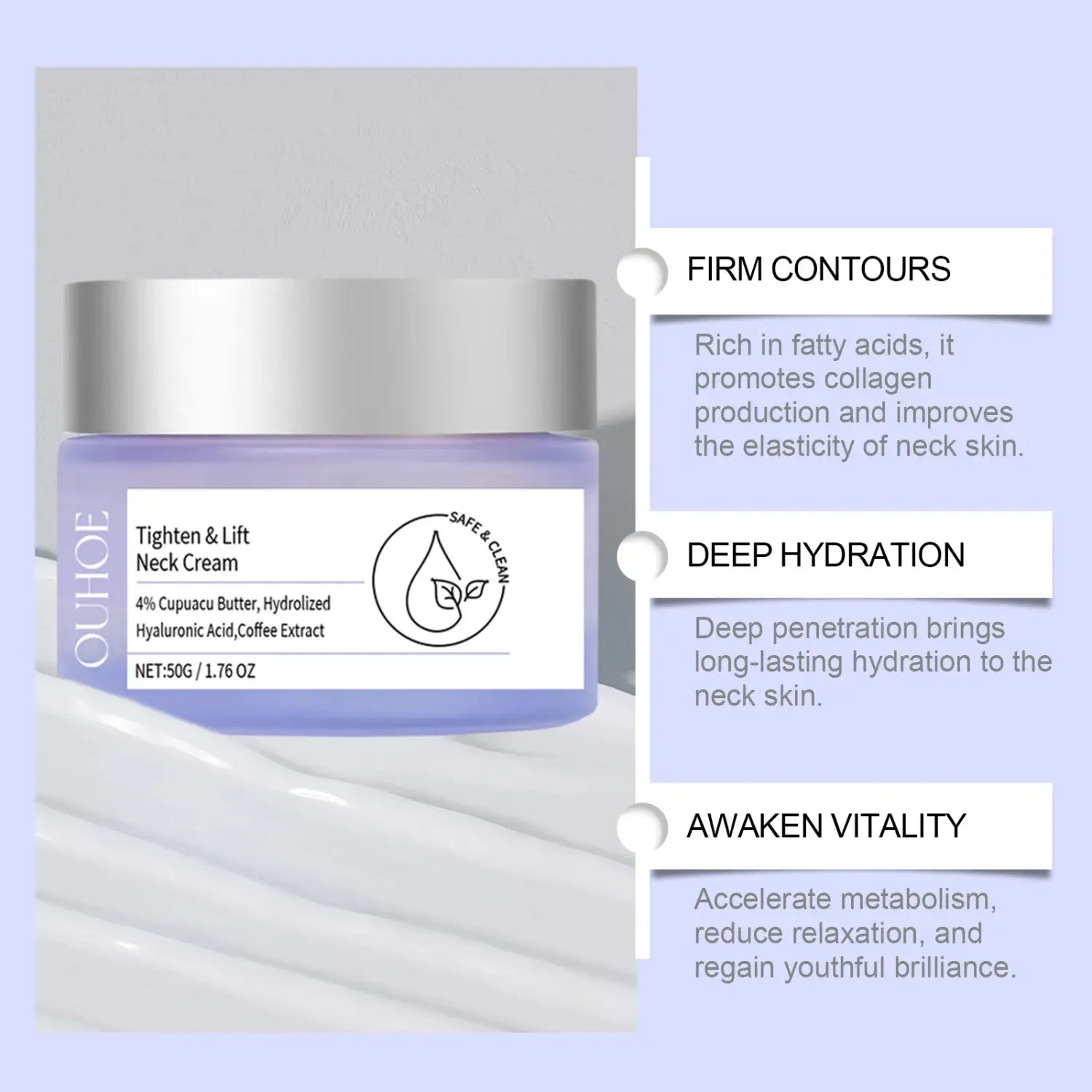 A lavender-colored anti-aging neck cream jar with a silver lid and white label featuring the brand name ouhoe designed for smoothing fine lines.