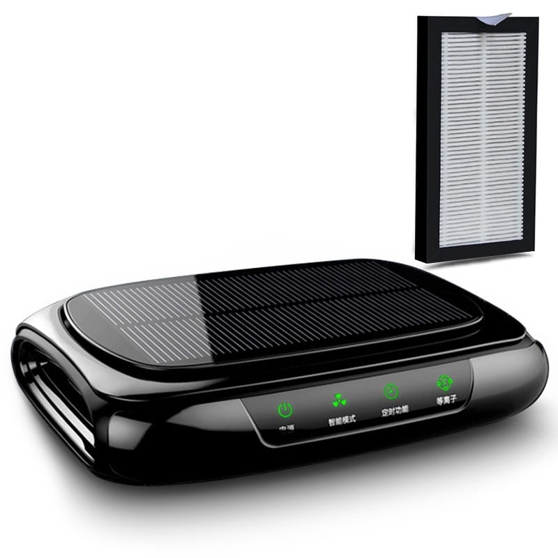 Black glossy solar car air purifier with solar panel top and green LED indicator lights for efficient air cleaning inside vehicles.