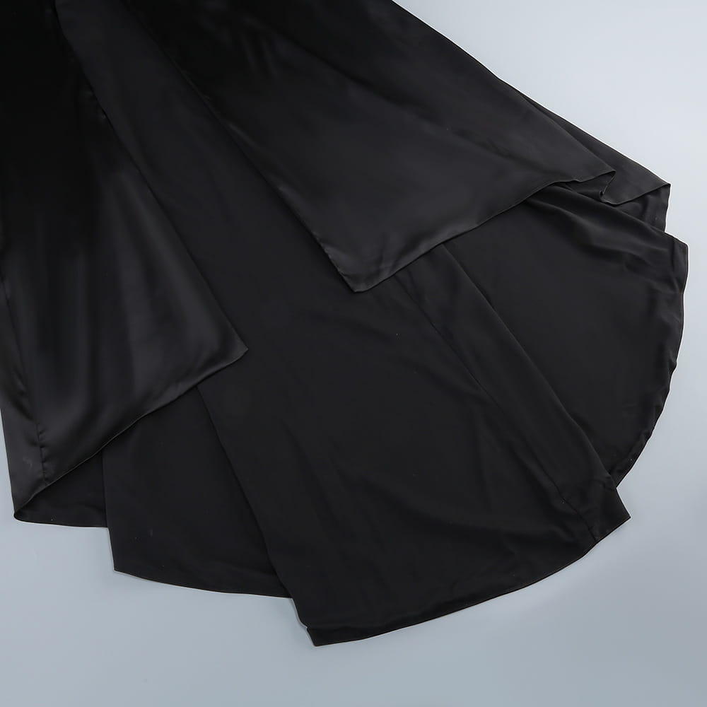 black satin fabric with a smooth glossy finish and flowing drape featured in a one-shoulder slit mop black dress two-piece set with set sexy lacing details
