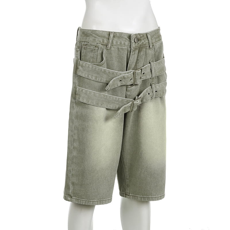 olive green denim shorts featuring multiple belt straps crossing the front in a light green jeans double belt adjustable buckle design