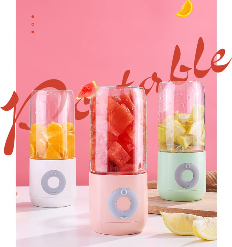 three automatic mini portable usb automatic blender cups with clear glass tops and pastel white pink and mint green bases featuring circular control buttons