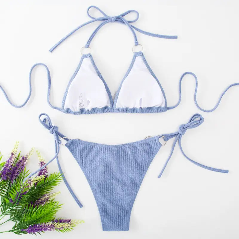 light blue ribbed sexy bikini set featuring a white triangle top and matching tie thong bandage bottom with adjustable tie straps ideal for bikini set summer.