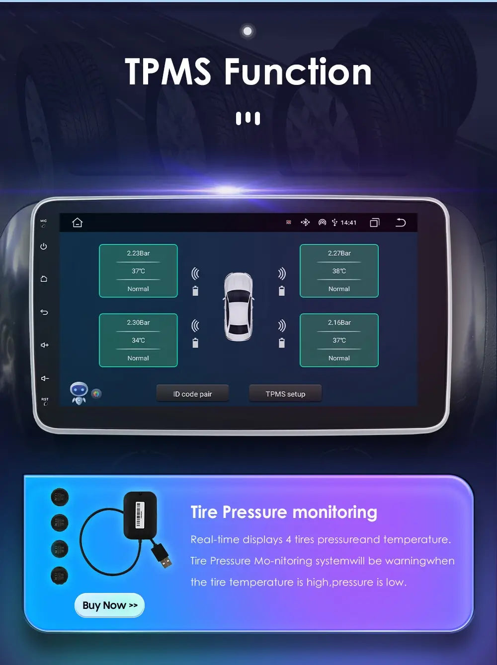 black and silver tpms sensor with usb cable for real-time tire pressure monitoring compatible with 10.1 inch android car navigation wifi 4glte version carplay system