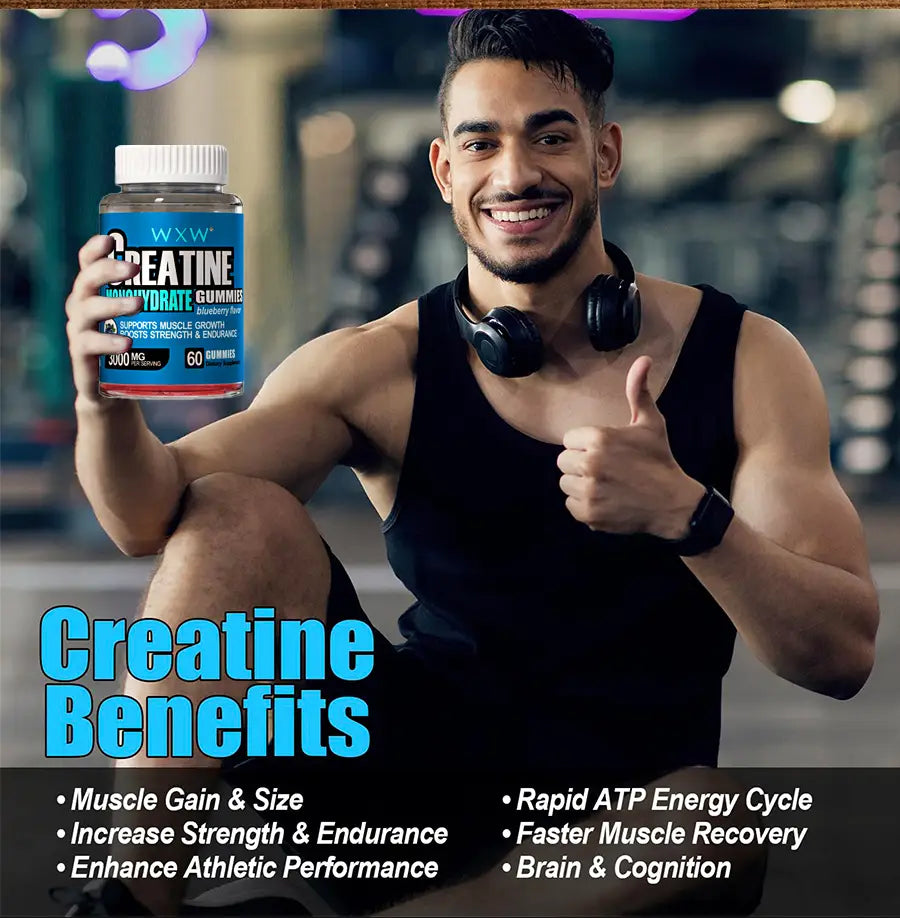 blue and white labeled bottle of wxxw creatine monohydrate gummies featuring blueberry flavor for effective creatine gummies supplementation.