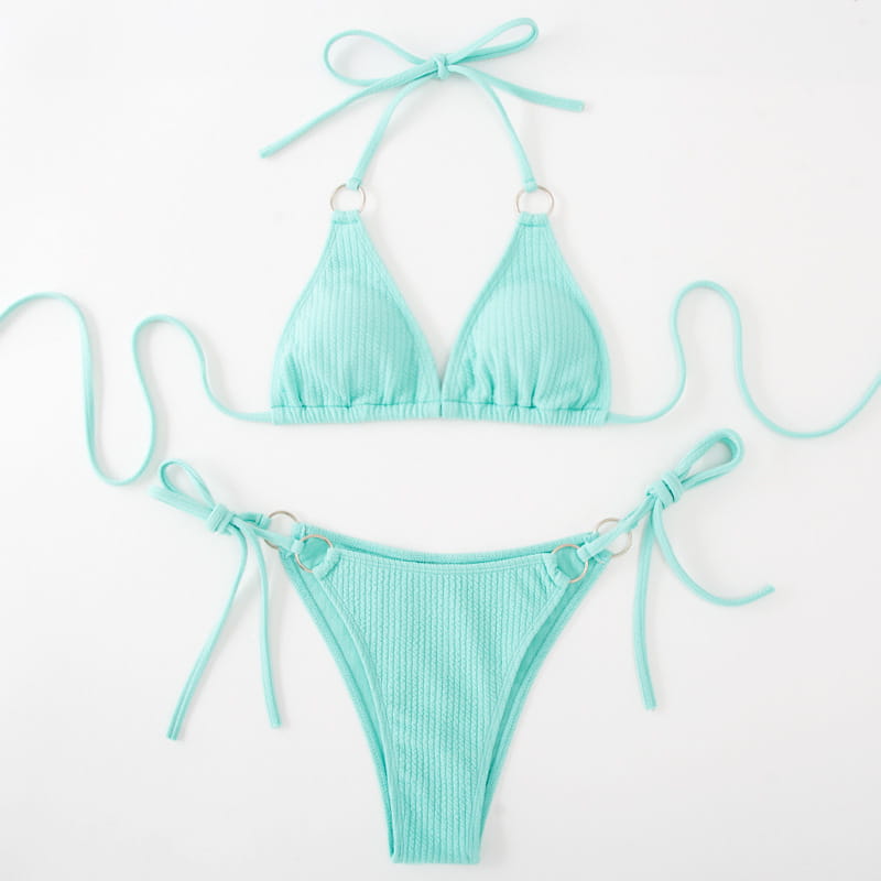 mint green ribbed sexy bikini set with silver ring accents and adjustable ties perfect for bikini set summer and tie thong bandage styles