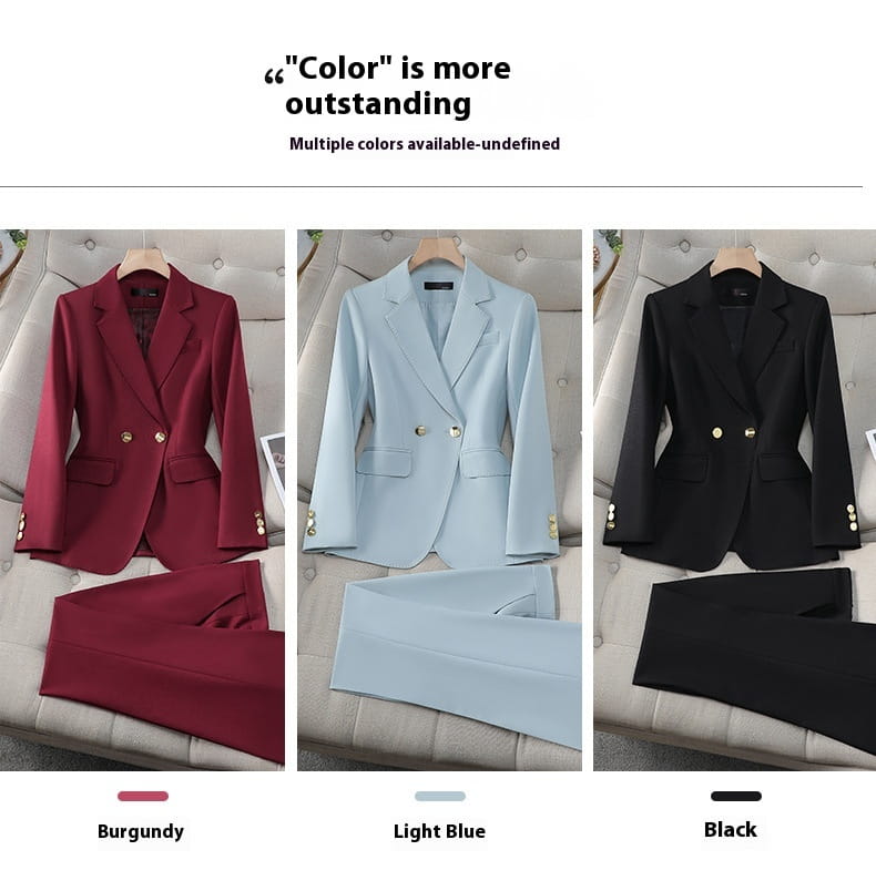light blue tailored business suit with gold buttons alongside wine red and black blazer and pants suits featuring gold-tone buttons for a polished professional look