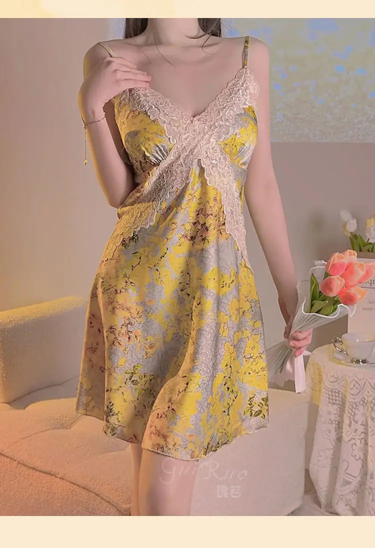 yellow floral satin cross lace nightdress featuring delicate lace trim and thin spaghetti straps made from floral satin satin cross lace fabric