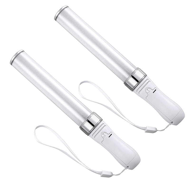 two white led glow stick fluorescent lights with silver accents and attached wrist straps for handheld use