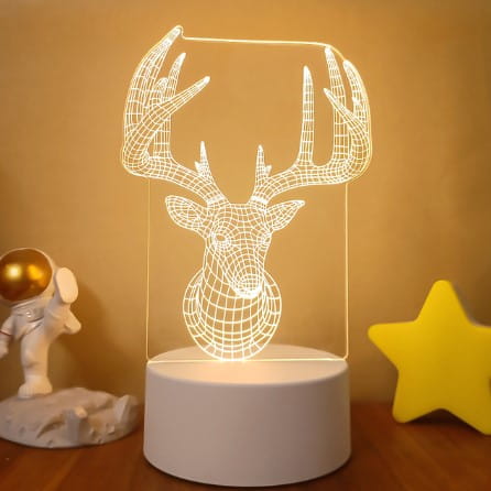 a white led night light featuring a glowing 3d wireframe deer head with antlers illuminated against a warm-toned background with colorful touch remote control for adjustable lighting options.