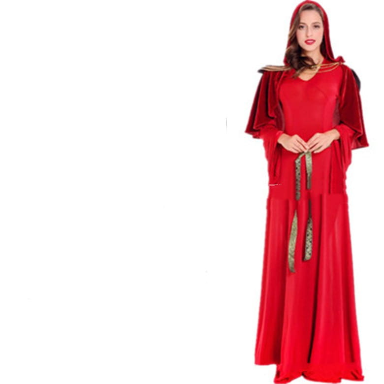 A vibrant red velvet halloween cos ball queen dress featuring gold-trimmed sleeves and a matching belt.