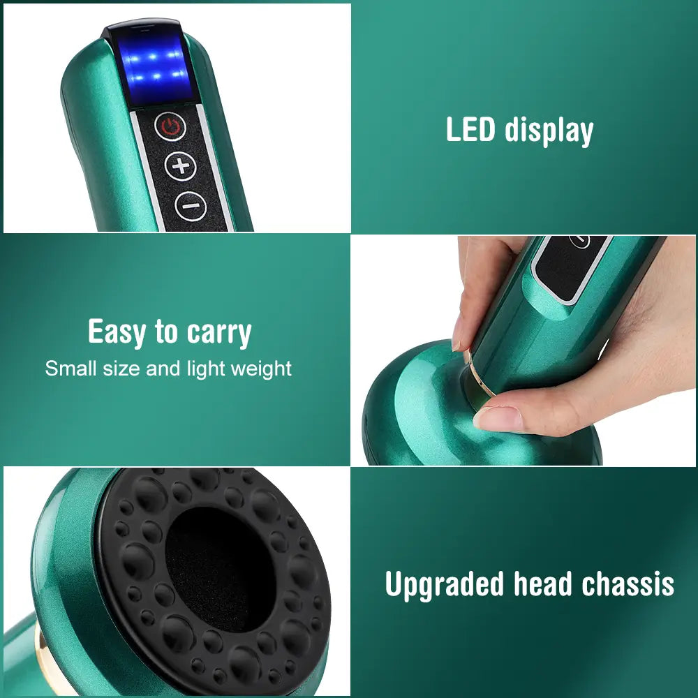 teal-colored electric vacuum cupping massager handheld device with a digital led display and control buttons for gua sha and vacuum cupping therapy
