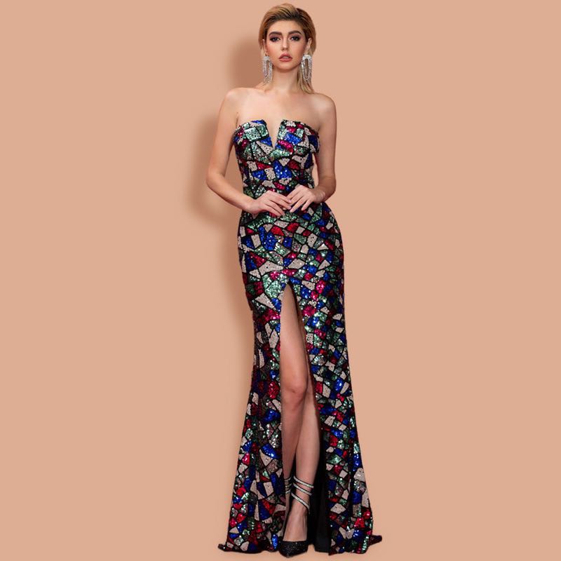 a strapless floor-length women sexy gown featuring a vibrant mosaic pattern of blue red green and silver sequins with a sexy v neck and shoulder sequin detailing