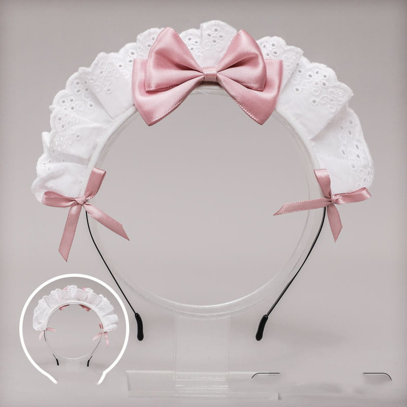 white lace bow maid headband featuring delicate lace with a soft pink satin bow and matching ribbon ties