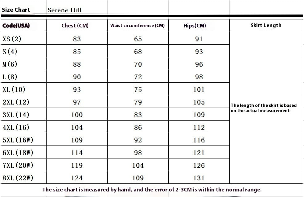 serene hill brand size chart for a blue handmade beaded split shoulder fishtail dress displaying skirt measurements in centimeters from xs to 8xl.