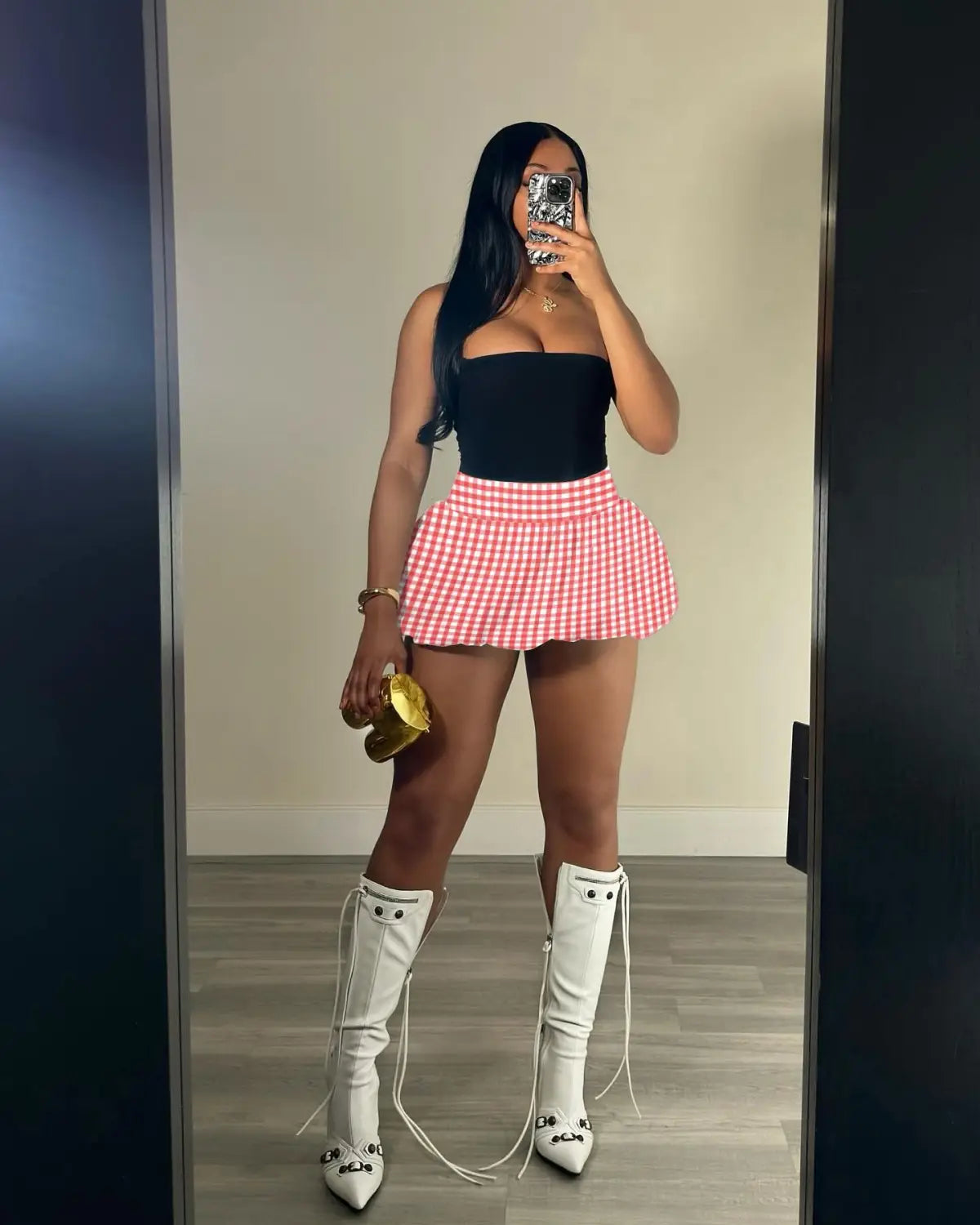 pink and white gingham mini skirt with a flared hem for women clothing contrasting with a pink leopard print pleated leopard print printed skirt product line