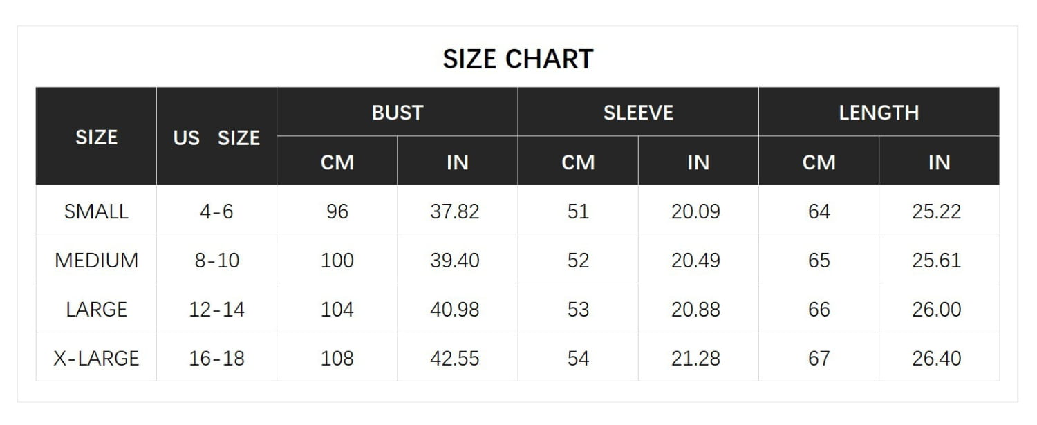 Size chart table displaying bust sleeve and length measurements in centimeters and inches for the winter snowflake sweater fashion half turtleneck in sizes small through x-large.