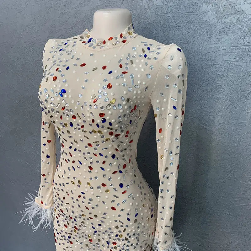A shimmering off-white long-sleeved silver feathered rhinestone mesh stretch slim dress featuring multicolored rhinestones and feathered cuffs.