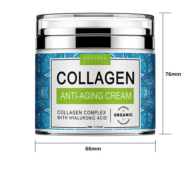 Envisha retinol cream collagen anti-aging cream in a clear glass jar with a silver lid and blue patterned label.