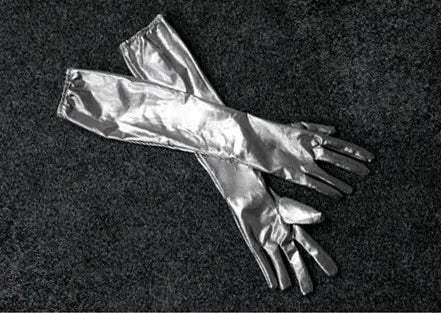 a pair of long shiny silver satin gloves with a sleek elegant design featured in silver sequined mouse bar costumes with gloves and tail for bar costumes sequined collections