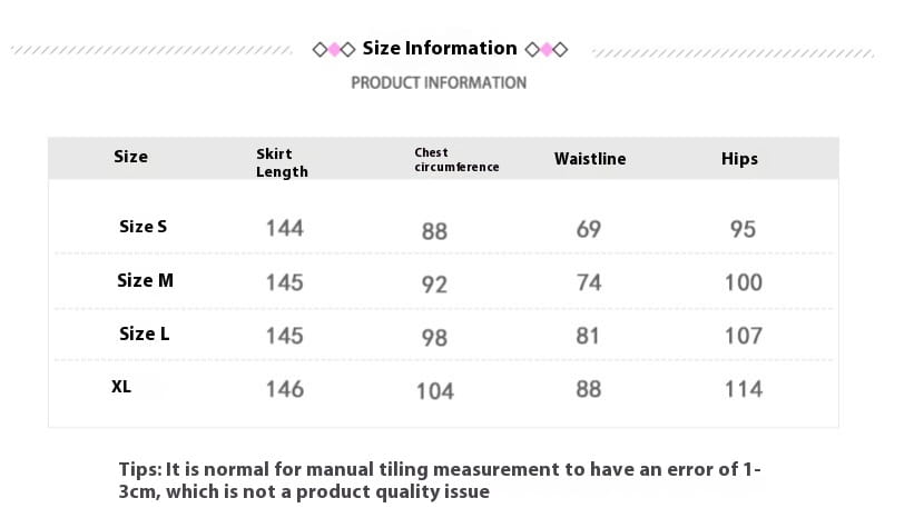 Size information table for a gold sequined long sleeve high slit fishtail dress showing measurements in centimeters for sizes s to xl.