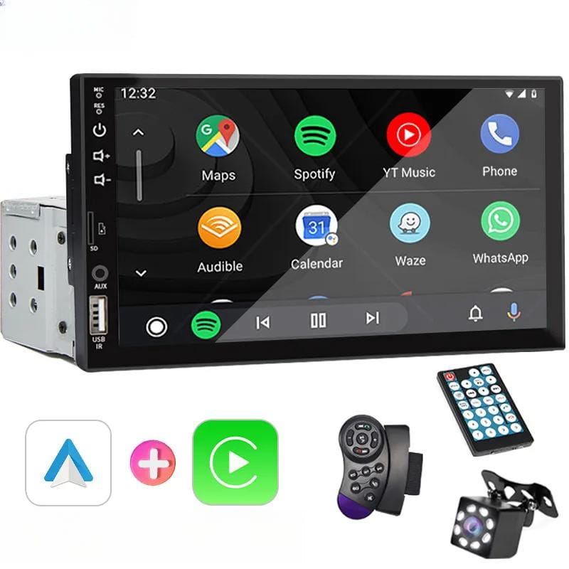black 1din car stereo with 7 inch touchscreen display showing app icons and included remote control wireless adapter and rear camera for mp5 player mobile phone interconnection use.