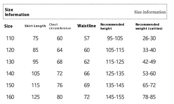 Size chart for champagne sequined spandex princess dress and girls tulle tutu showing skirt measurements in inches and recommended weight ranges by size.