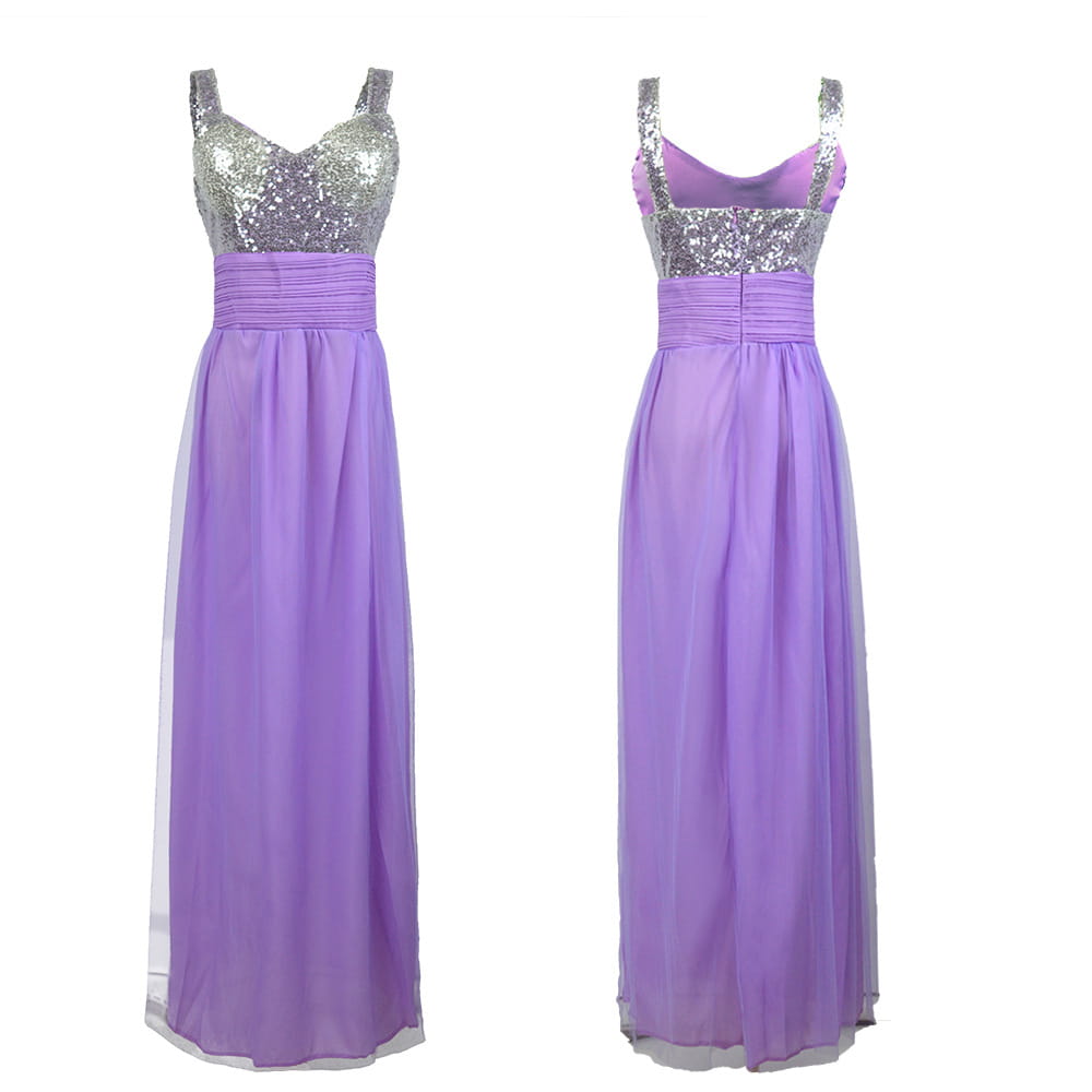 A lavender chiffon bridesmaid dress long with a silver sequined bodice and thin straps perfect as a bff bridal gown.