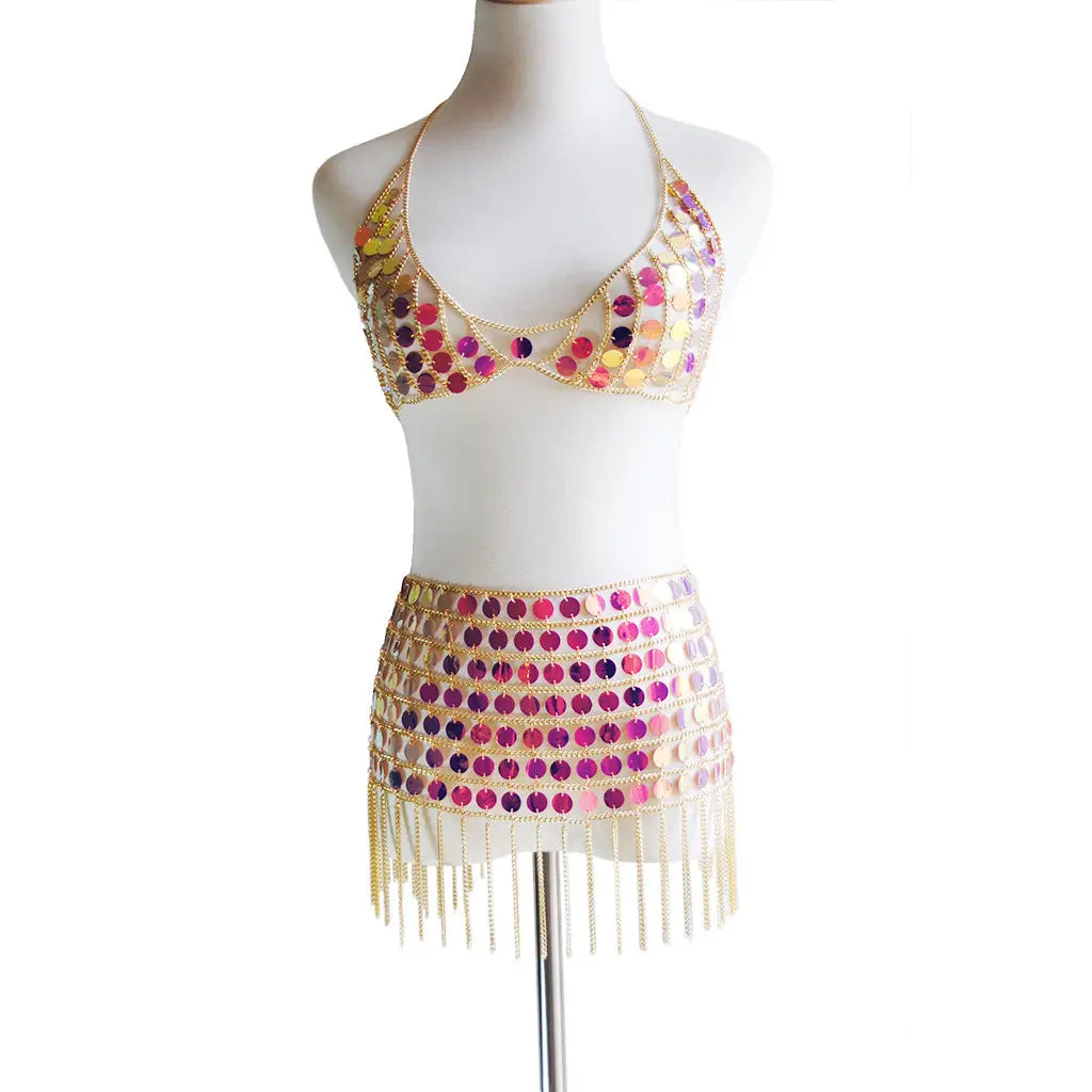 glorious sequin dress nightclub costume featuring a shimmering pink and gold sequined belly dance outfit with fringe detailing