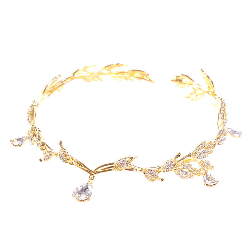 gold-toned leafy golden crown headband adorned with sparkling clear crystals and dangling teardrop-shaped stones for wedding use as a crown headband wedding headdress