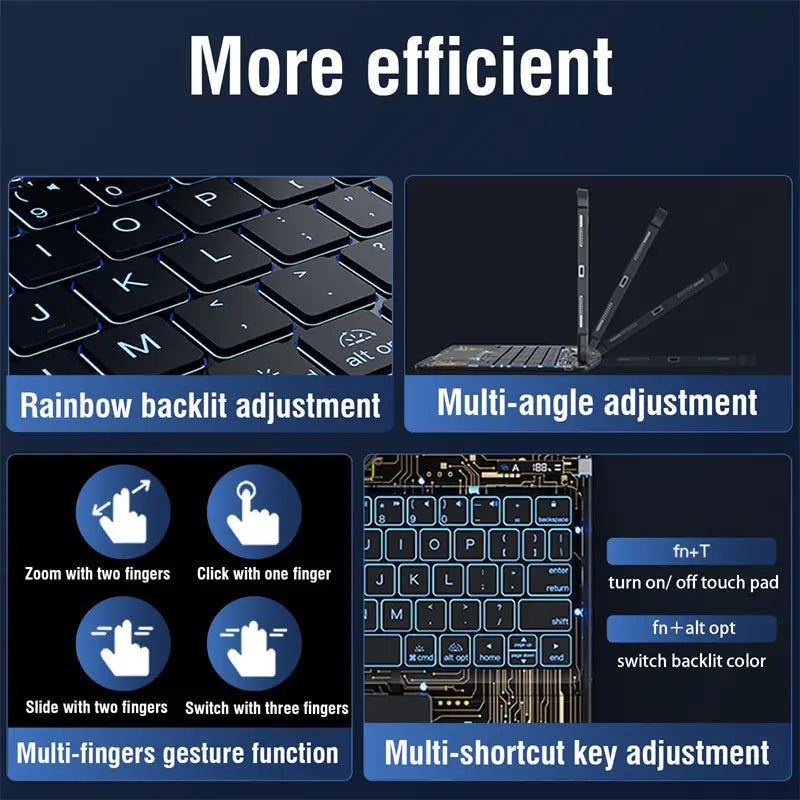 black keyboard with rainbow backlight adjustment and multi-angle support for white core transparent rotating iPad keyboard pen slot featuring keyboard protective design