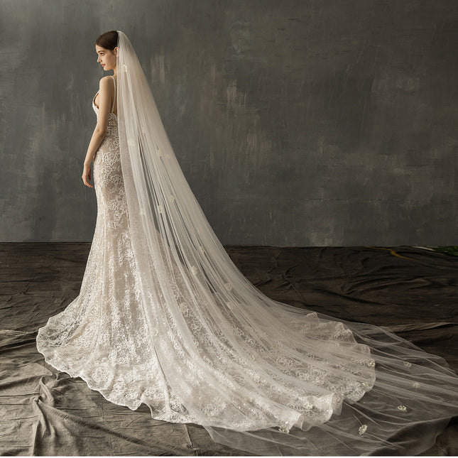 Bridal Church Wedding Pearl Long Tail Tulle - Royalessencelux