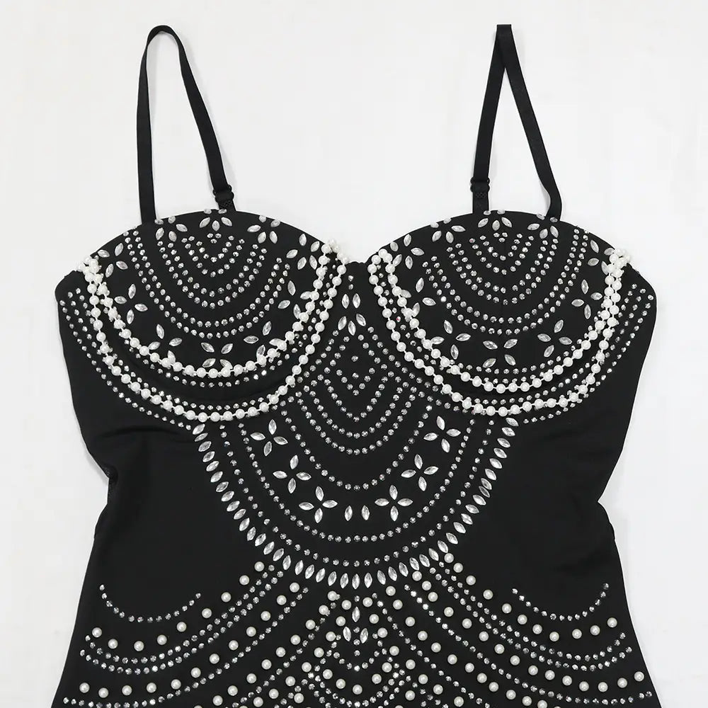 black strapless bodice evening dress featuring intricate silver rhinestone patterns with sling hot drilling foam for elegant curved geometric designs