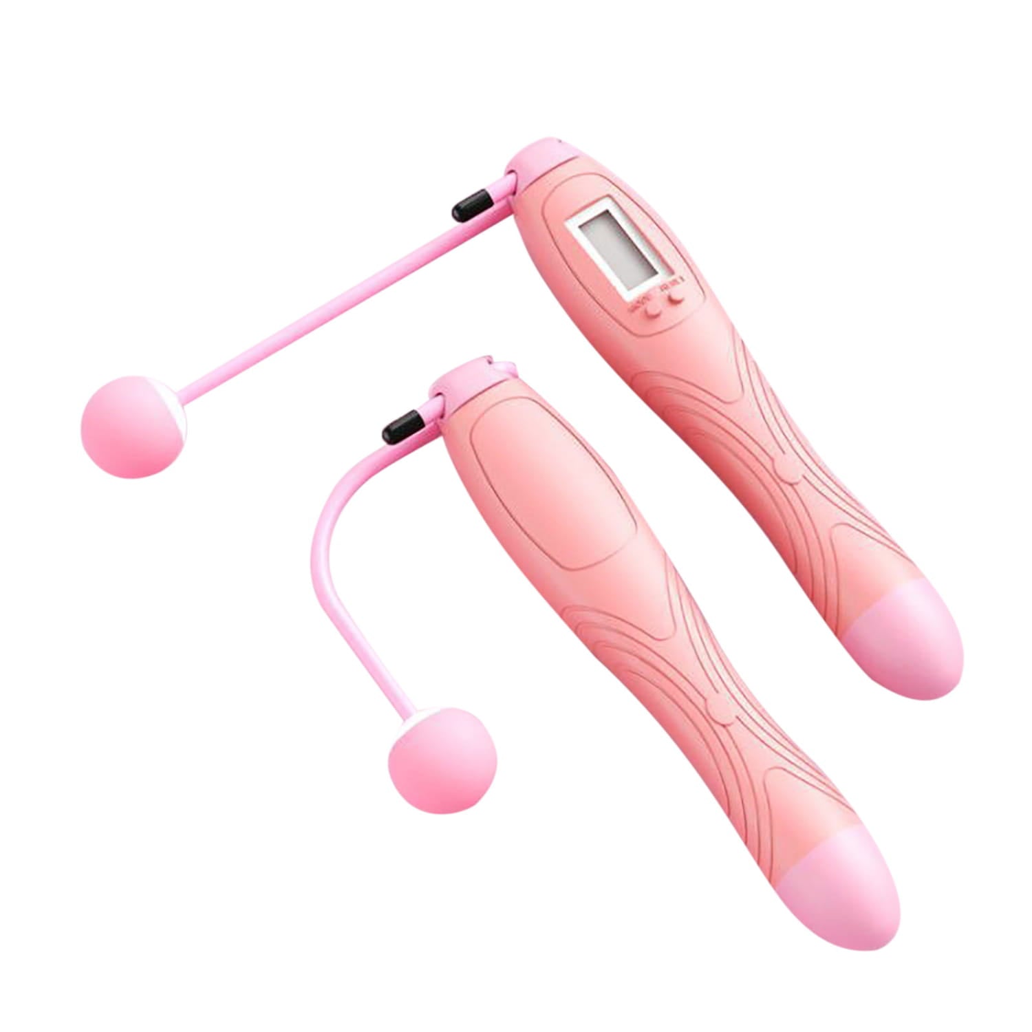 pink digital skipping rope with textured grip and spherical handles designed as a cordless electronic skipping rope for efficient indoor and outdoor exercise