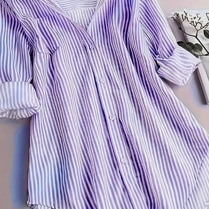 Stripe Print Button Front Blouse, Casual Long Sleeve Blouse For Spring & Fall, Women's Clothing - Royalessencelux