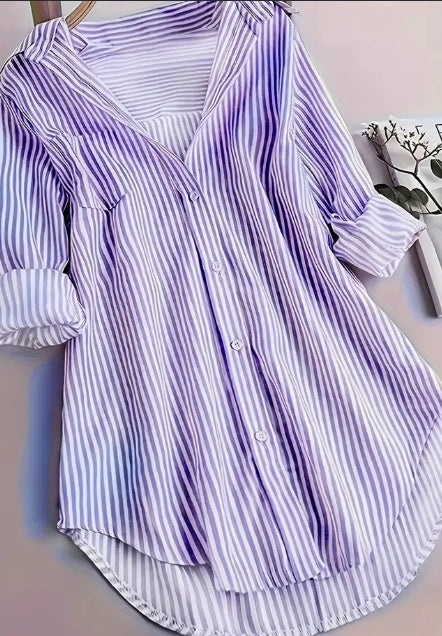 Stripe Print Button Front Blouse, Casual Long Sleeve Blouse For Spring & Fall, Women's Clothing - Royalessencelux